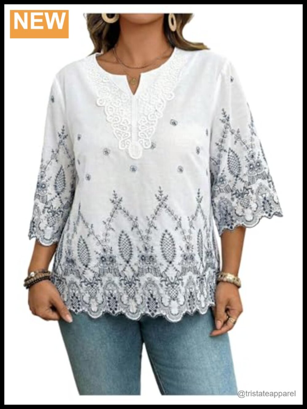 Women's Plus Size Eyelet Blouse 3/4 Sleeve Scallop Trim Bell Sleeve Flared Hem